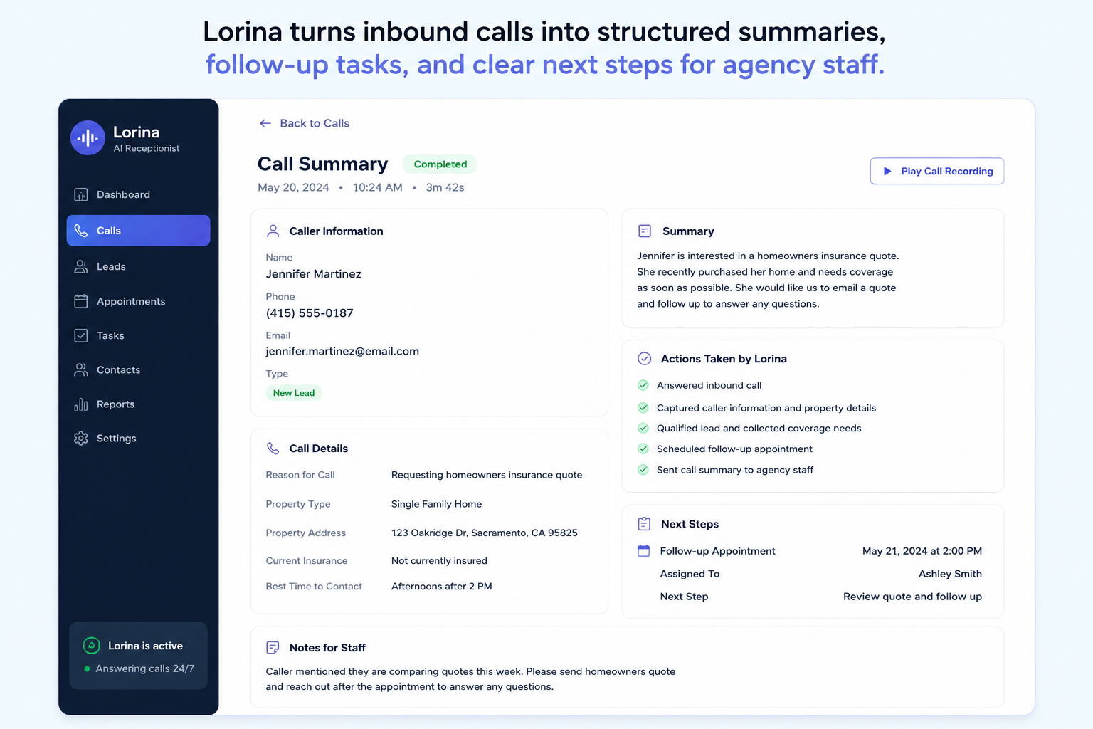 Lorina Call Summary Dashboard